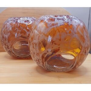 Vintage Pair of Art Glass Handblown Amber White Convex Window Candle Vases